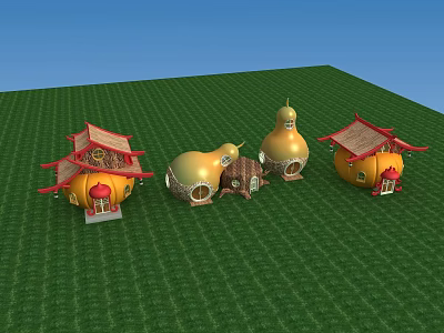 Charming Garden Ornaments Featuring Gourd Shaped Houses With Red Roofs On Green Grass 3d model