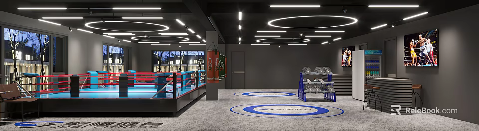 Modern Fitness Gym Interior With Boxing Ring Punching Bag Dumbbells Blue Circles And Lighting 3d model 