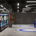 Modern Fitness Gym Interior With Boxing Ring Punching Bag Dumbbells Blue Circles And Lighting