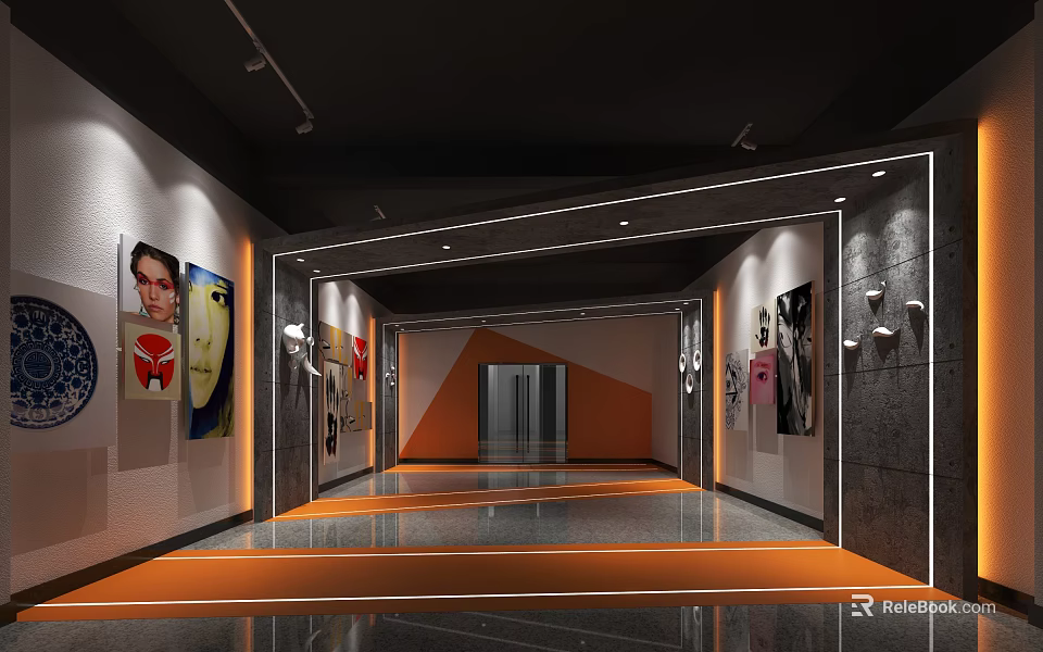 Modern Elevator Corridor Interior Design With Artworks Orange Floor And Recessed Lighting 3d model