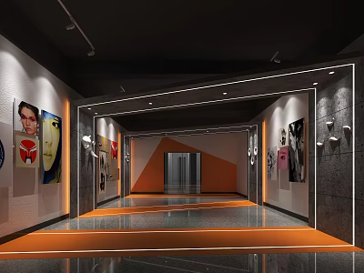 Modern Elevator Corridor Interior Design With Artworks Orange Floor And Recessed Lighting 3d model