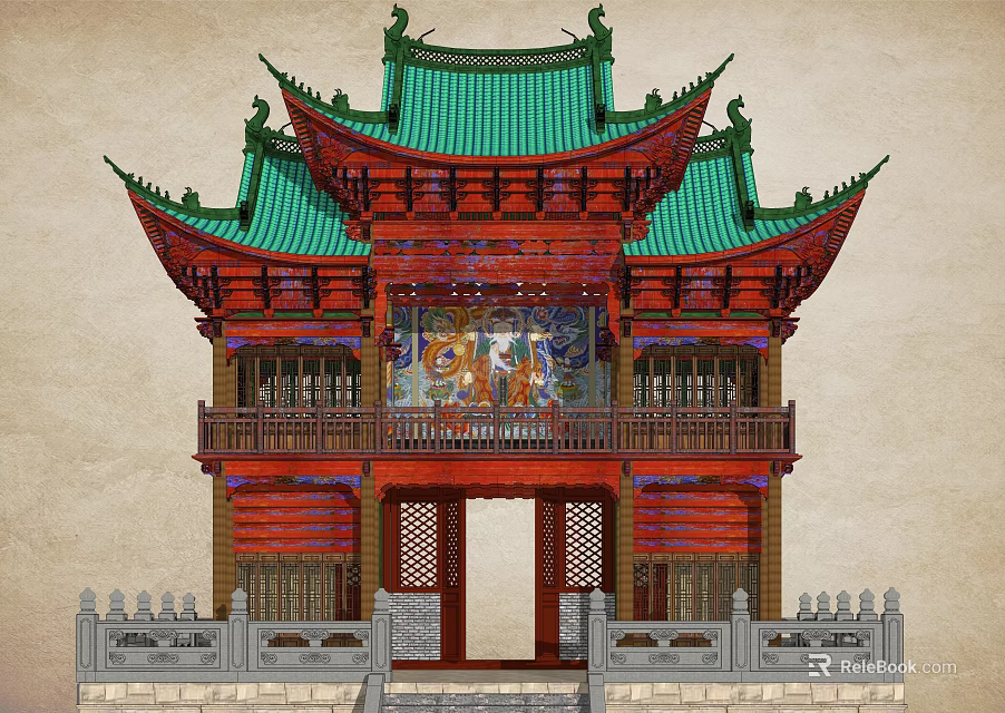 Traditional Chinese Ancient Architecture With Green Glazed Roof Wooden Carvings And Colorful Murals 3d model 