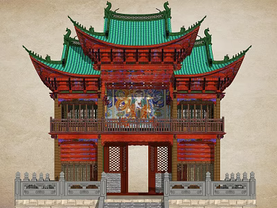 Traditional Chinese Ancient Architecture With Green Glazed Roof Wooden Carvings And Colorful Murals 3d model