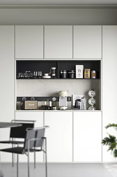 Modern Bar Area Interior With Cabinets Coffee Machine Mugs And Open Shelves 3d model