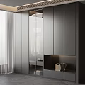 Modern Grey Wardrobe With Glass Doors Mirror And Bright Bedroom Interior