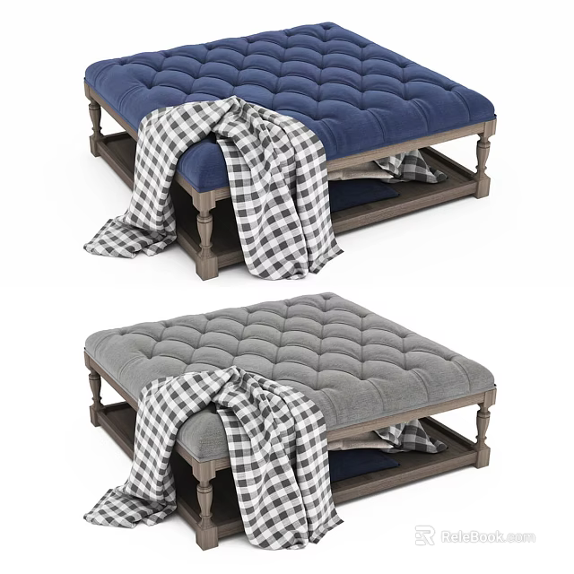 Blue And Gray Tufted Ottoman Bench With Plaid Blanket And Wooden Legs 3d model 