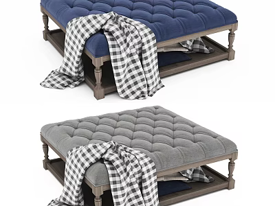 Blue And Gray Tufted Ottoman Bench With Plaid Blanket And Wooden Legs 3d model