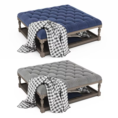Blue And Gray Tufted Ottoman Bench With Plaid Blanket And Wooden Legs 3d model
