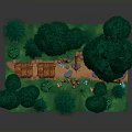 Enchanted Forest Scene With Pine Trees Broadleaf Trees Wooden Structures And Lanterns