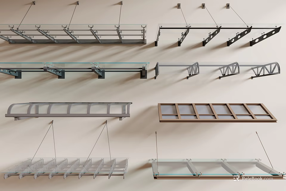 Various Modern Awning Designs With Aluminum Glass And Wooden Hanging Structures 3d model 