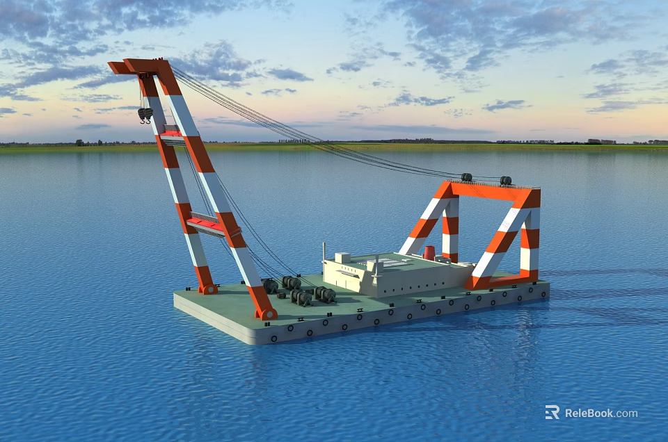 Large Industrial Floating Crane With Orange And White Gantry Structure On Barge Floating On Water 3d model 