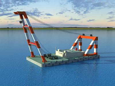 Large Industrial Floating Crane With Orange And White Gantry Structure On Barge Floating On Water 3d model