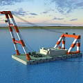 Large Industrial Floating Crane With Orange And White Gantry Structure On Barge Floating On Water