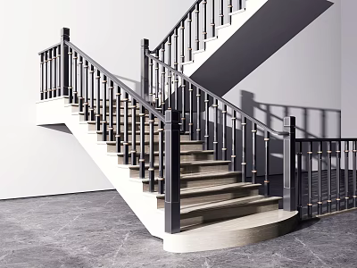 Modern Interior Staircase Design With Black Railing And Smooth Light Steps On Gray Floor 3d model