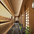 Elegant Hotel Corridor With Traditional Painting Wooden Walls Lattice Windows Warm Lighting And Green Plants