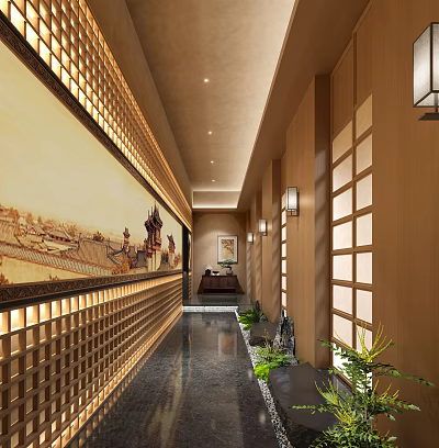 Elegant Hotel Corridor With Traditional Painting Wooden Walls Lattice Windows Warm Lighting And Green Plants 3d model