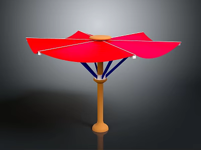 Red Outdoor Umbrella With Wooden Pole And Multi Panel Canopy Design 3d model