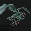 3D Fantasy Creature Model With Green Blue Color Large Wings And Red Claws