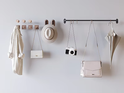 Wall Mounted Coat Rack With Coat Hat Handbag Camera And Umbrella On Light Wall 3d model