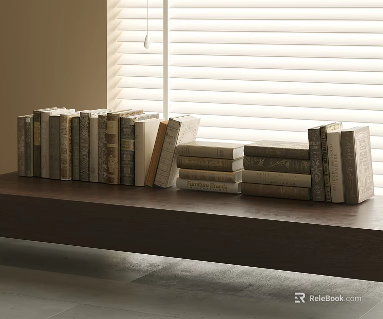 Neatly Arranged Various Books On Wooden Shelf By Window With Blinds 3d model 