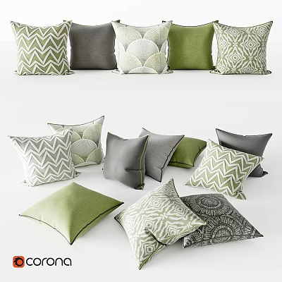 Stylish Green and Gray Decorative Pillows with Geometric and Textured Patterns 3d model