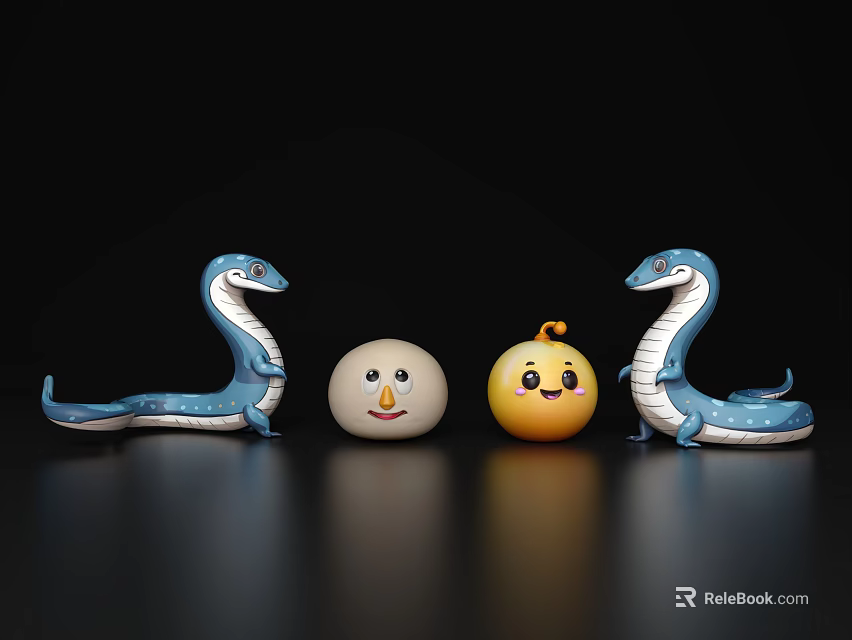 Decorative Ornament Set With Blue Snake Shaped Figures White And Yellow Smiley Balls 3d model 