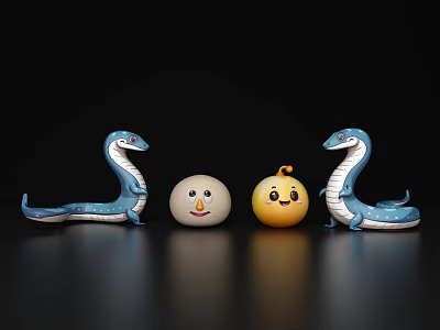 Decorative Ornament Set With Blue Snake Shaped Figures White And Yellow Smiley Balls 3d model