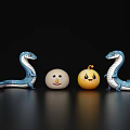 Decorative Ornament Set With Blue Snake Shaped Figures White And Yellow Smiley Balls
