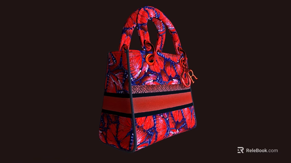 Stylish Handbag With Red And Blue Floral Pattern Double Handle Black And Red Striped Accent 3d model 