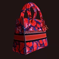 Stylish Handbag With Red And Blue Floral Pattern Double Handle Black And Red Striped Accent