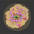 Green Cactus Surrounded by Pink Cubes and Floating Spheres on Sandy Ground