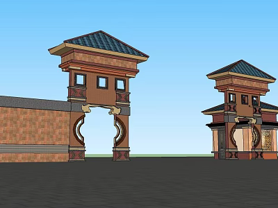 Traditional Building Exterior Wall With Tiled Roof Arched Doorway And Decorative Details 3d model