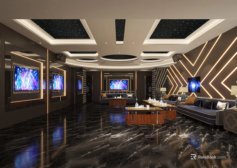 Luxurious Modern KTV Lounge Interior Design With Multiple Screens Sofas And Marble Flooring 3d model