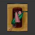 Fresh Sushi Served on Wooden Cutting Board with Chopsticks Soy Sauce Dish and Bamboo Mat