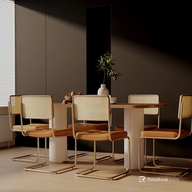 Modern Dining Table Set With Woven Beige Chairs Metal Legs And Potted Plant 3d model 