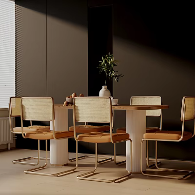Modern Dining Table Set With Woven Beige Chairs Metal Legs And Potted Plant 3d model