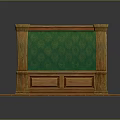 Interior Scene With Green Patterned Wall Wooden Trim Door And Wooden Floor