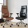Modern Brown And Black Leather Office Chairs With Armrests Metal Base And Wheels