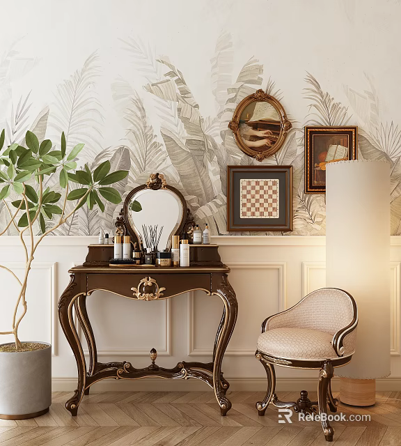 Elegant Brown Carved Dressing Table With Mirror Decorative Paintings Green Plant And Chair 3d model 