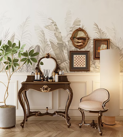 Elegant Brown Carved Dressing Table With Mirror Decorative Paintings Green Plant And Chair 3d model