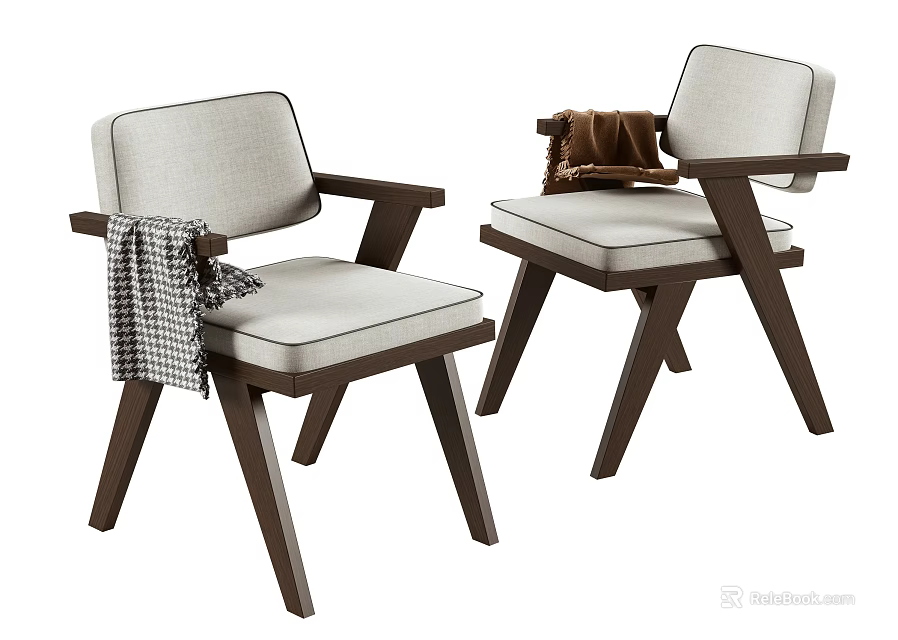 Two Stylish Leisure Accent Chairs With Wooden Frame Light Colored Cushions And Cozy Blankets 3d model 