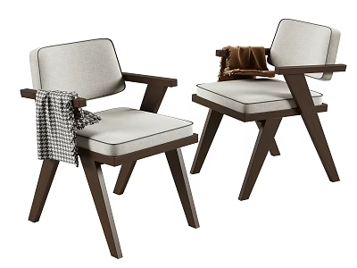 Two Stylish Leisure Accent Chairs With Wooden Frame Light Colored Cushions And Cozy Blankets 3d model