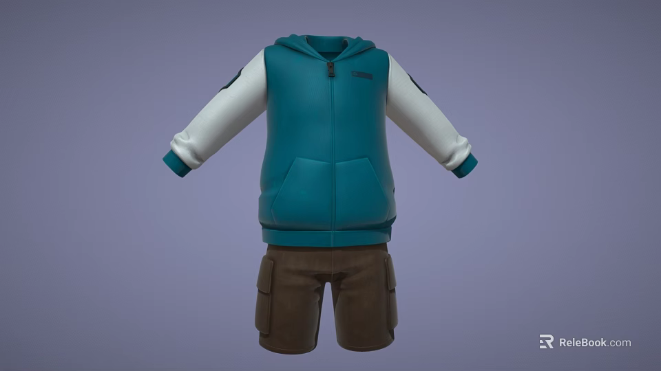 Teal Zippered Hooded Vest With White Sleeves And Brown Cargo Shorts Outfit 3d model 