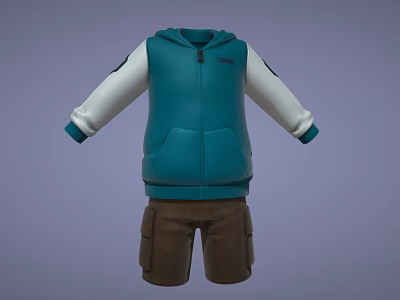 Teal Zippered Hooded Vest With White Sleeves And Brown Cargo Shorts Outfit 3d model