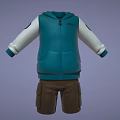 Teal Zippered Hooded Vest With White Sleeves And Brown Cargo Shorts Outfit