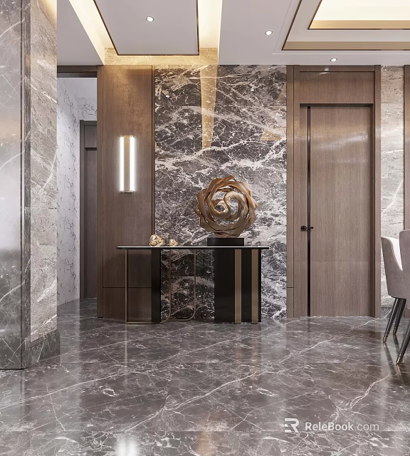 Modern Dining and Living Room Interior With Marble Surfaces Decorative Sculpture And Contemporary Furniture 3d model 