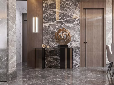 Modern Dining and Living Room Interior With Marble Surfaces Decorative Sculpture And Contemporary Furniture 3d model