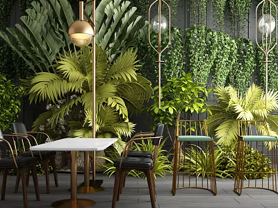Modern Table And Chair Set With Green Plants Gold Lamps And Tropical Foliage 3d model