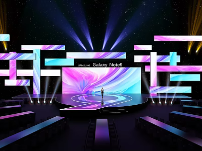 Galaxy Note9 Launch Event Stage With Large Screen Colorful Lights And Presenter 3d model