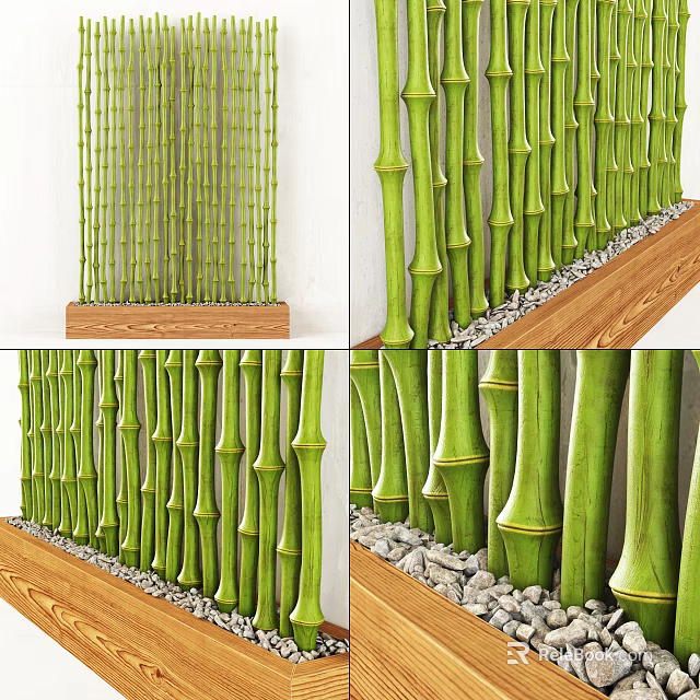 Green Bamboo Stems Arranged In Wooden Frame With Pebble Decoration On Background Wall 3d model 